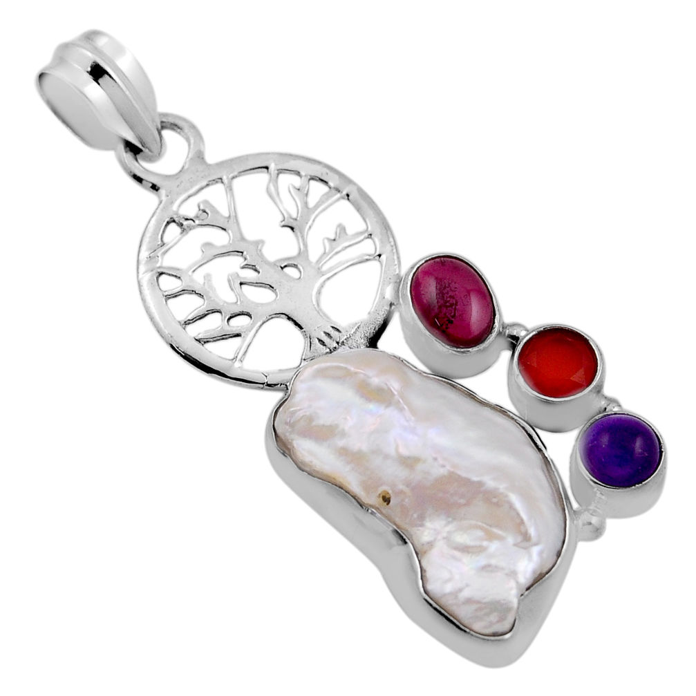 11.71cts pearl cornelian garnet amethyst 925 silver tree of life pendant n24665