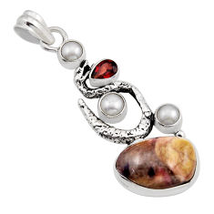 14.42cts petrified palm wood pearl garnet silver anaconda snake pendant y96033