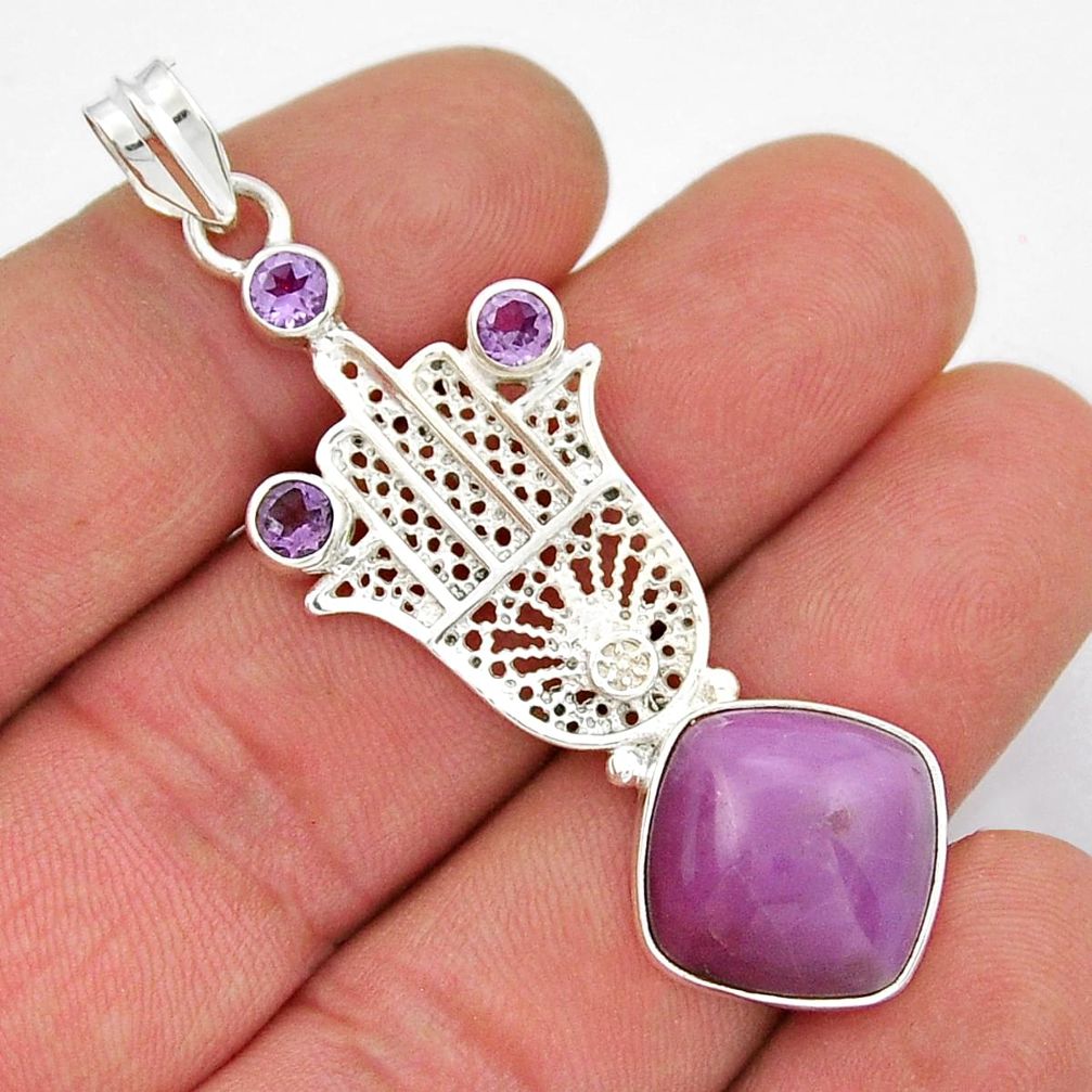 11.80cts phosphosiderite amethyst 925 silver hand of god hamsa pendant y21500