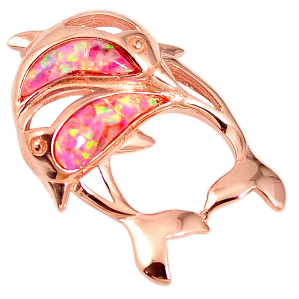 Pink australian opal (lab) 925 silver rose gold dolphin pendant a61615 c15235