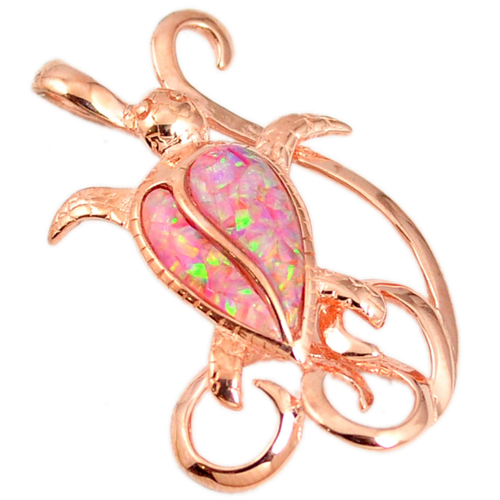 2.34cts pink australian opal (lab) silver 14k gold turtle pendant a61633 c15285