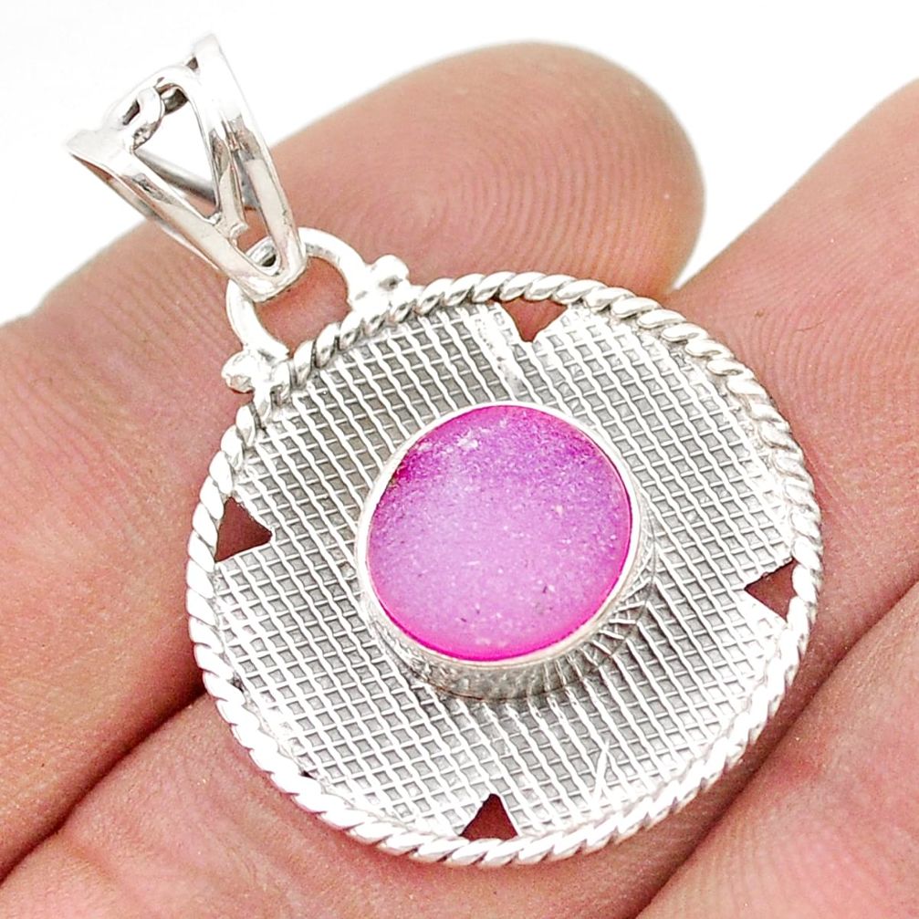 4.82cts pink druzy round shape 925 sterling silver pendant jewelry d48473