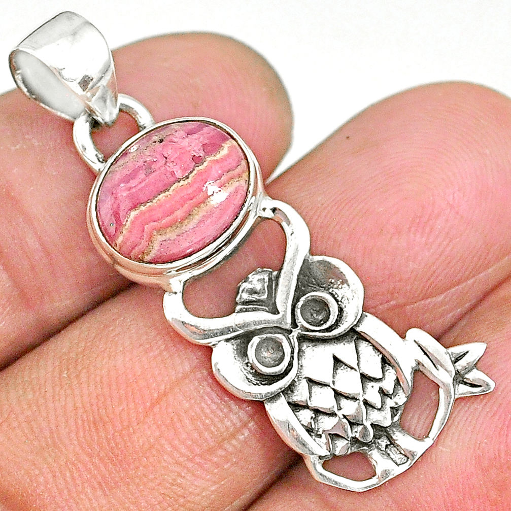 5.02cts pink rhodochrosite inca rose (argentina) 925 silver owl pendant r90490