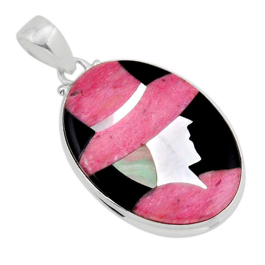 21.48cts pink rhodonite in black manganese onyx pearl 925 silver pendant y93389