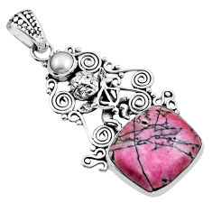 15.74cts pink rhodonite in black manganese pearl 925 silver angel pendant n24833