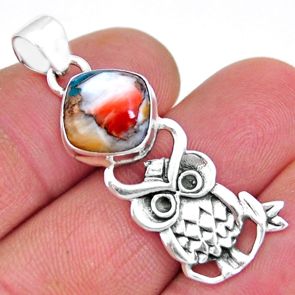 5.10cts pink spiny oyster arizona turquoise cushion 925 silver owl pendant y6462