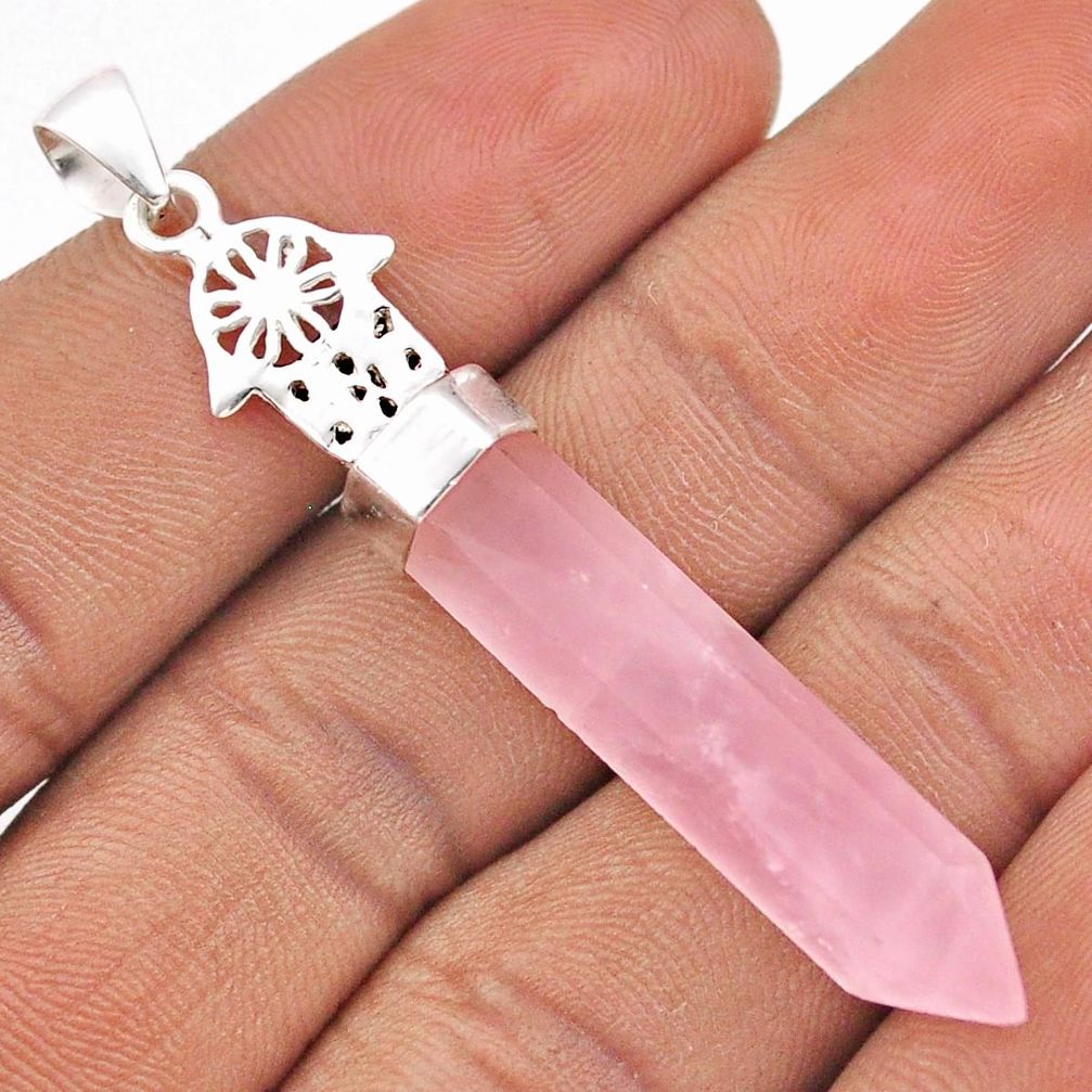 15.31cts pointer natural rose quartz 925 silver hand of god hamsa pendant t86043