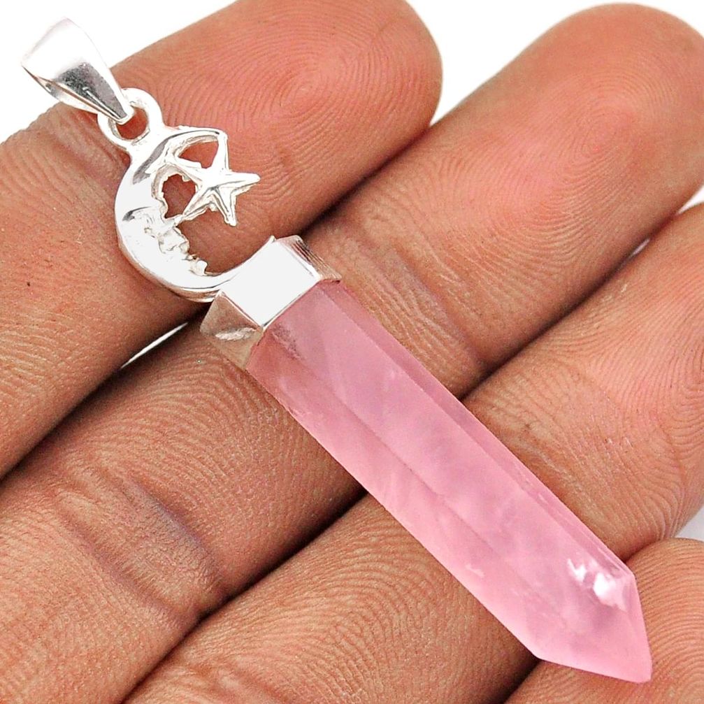 15.31cts pointer natural rose quartz silver crescent moon star pendant t86055