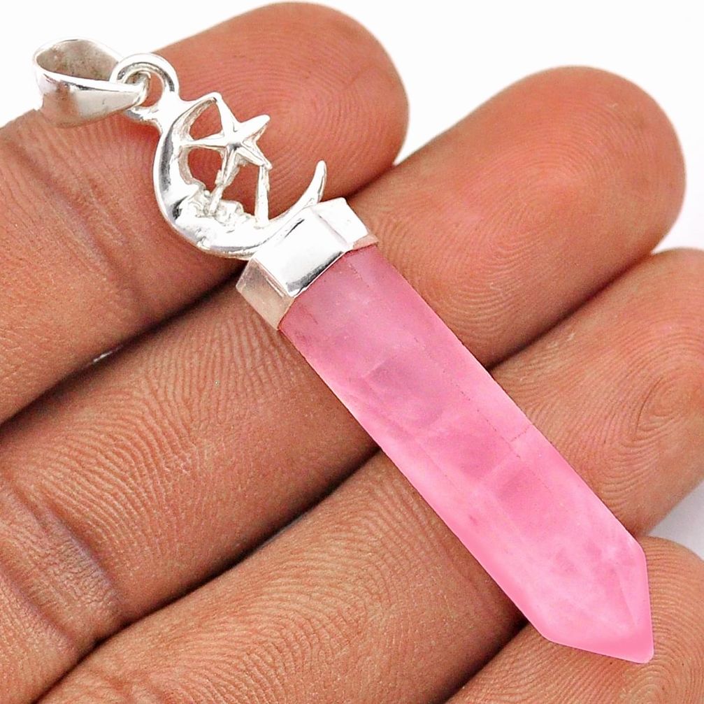 15.73cts pointer natural rose quartz silver crescent moon star pendant t86059