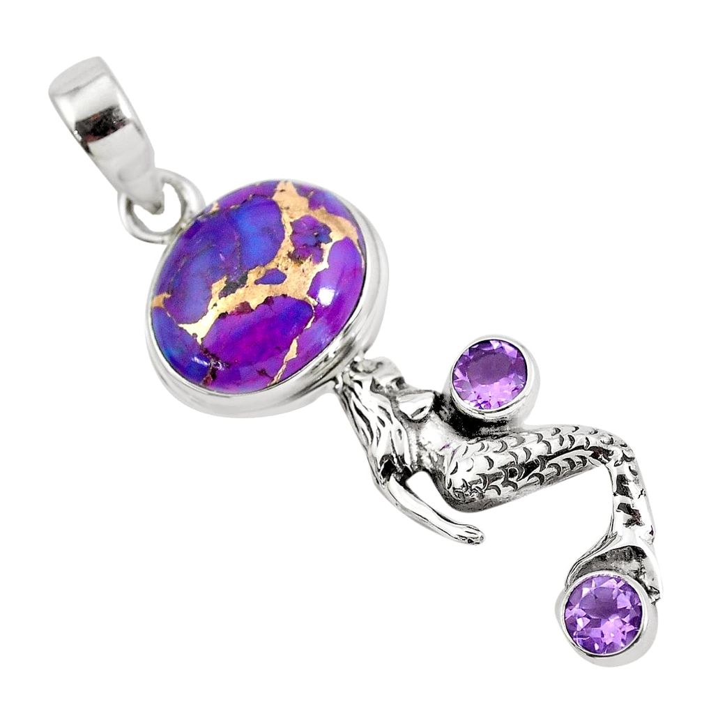 10.23cts purple copper turquoise 925 silver fairy mermaid pendant p55134