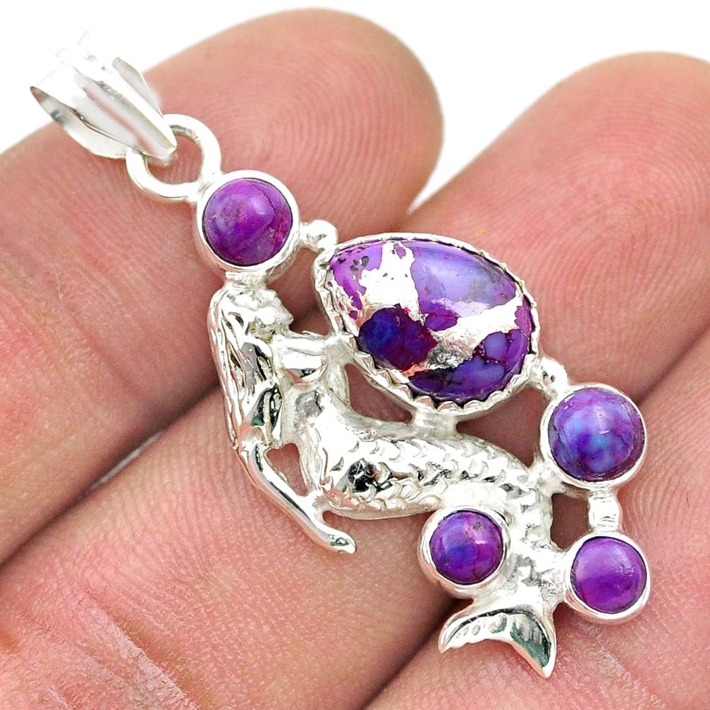 8.35cts purple copper turquoise 925 sterling silver fairy mermaid pendant u51189