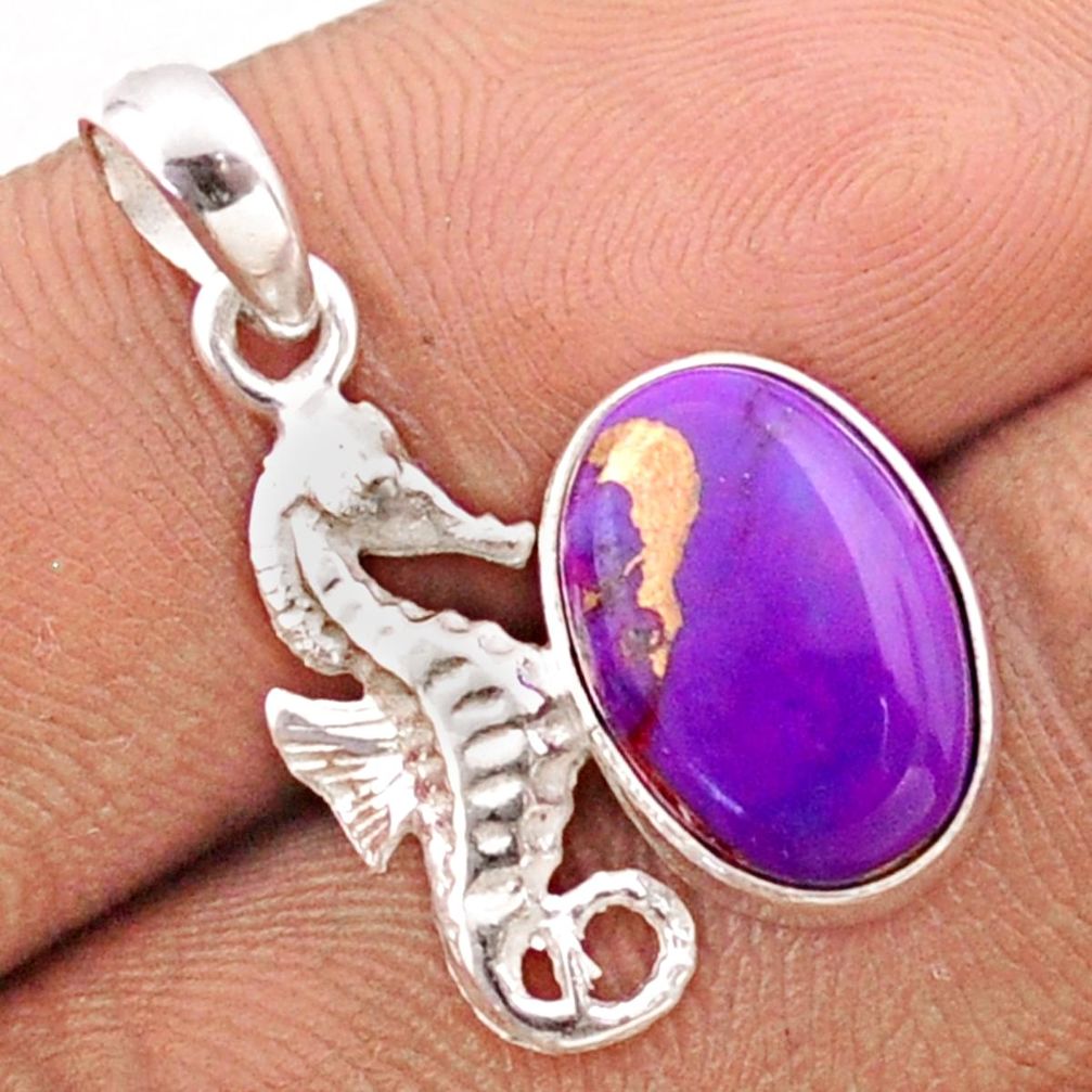 4.83cts purple copper turquoise 925 sterling silver seahorse pendant t82724