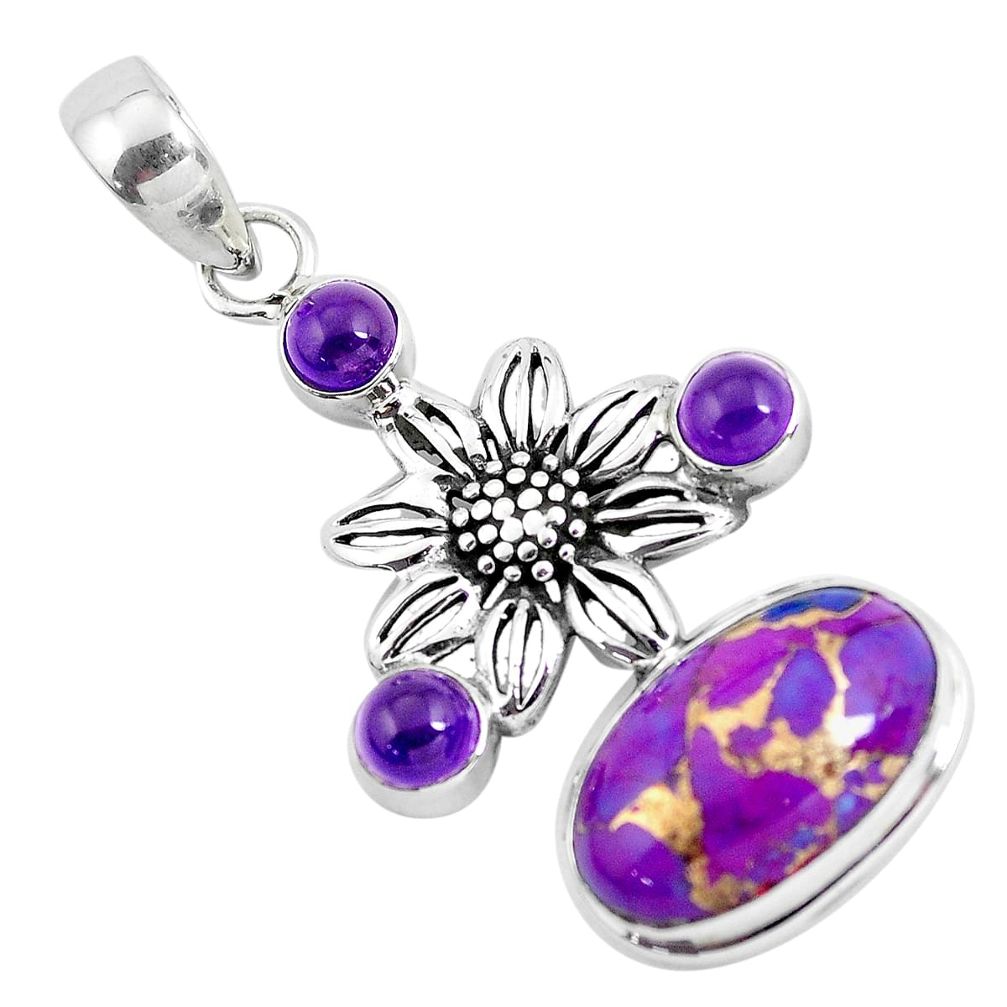 12.72cts purple copper turquoise amethyst 925 silver flower pendant p55140