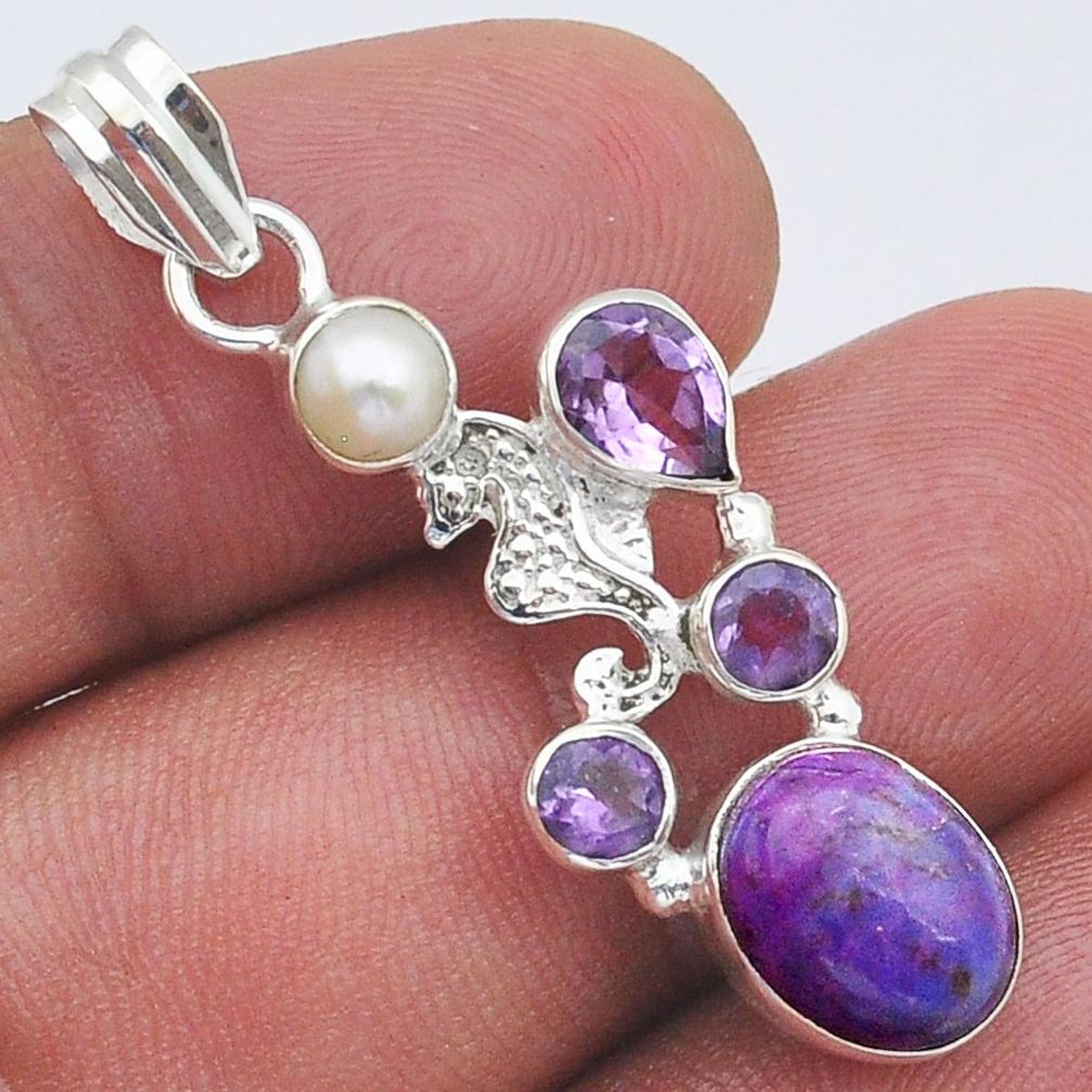 6.46cts purple copper turquoise amethyst pearl silver seahorse pendant u61476