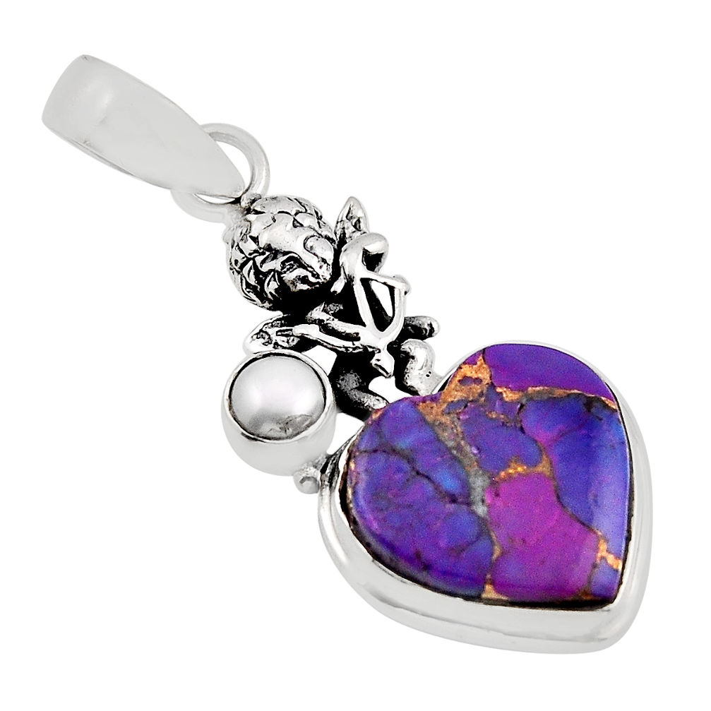 9.98cts purple copper turquoise heart pearl sterling silver angel pendant n2664