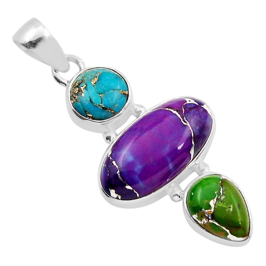 Purple Green Blue Copper Turquoise 925 Sterling Silver Pendant