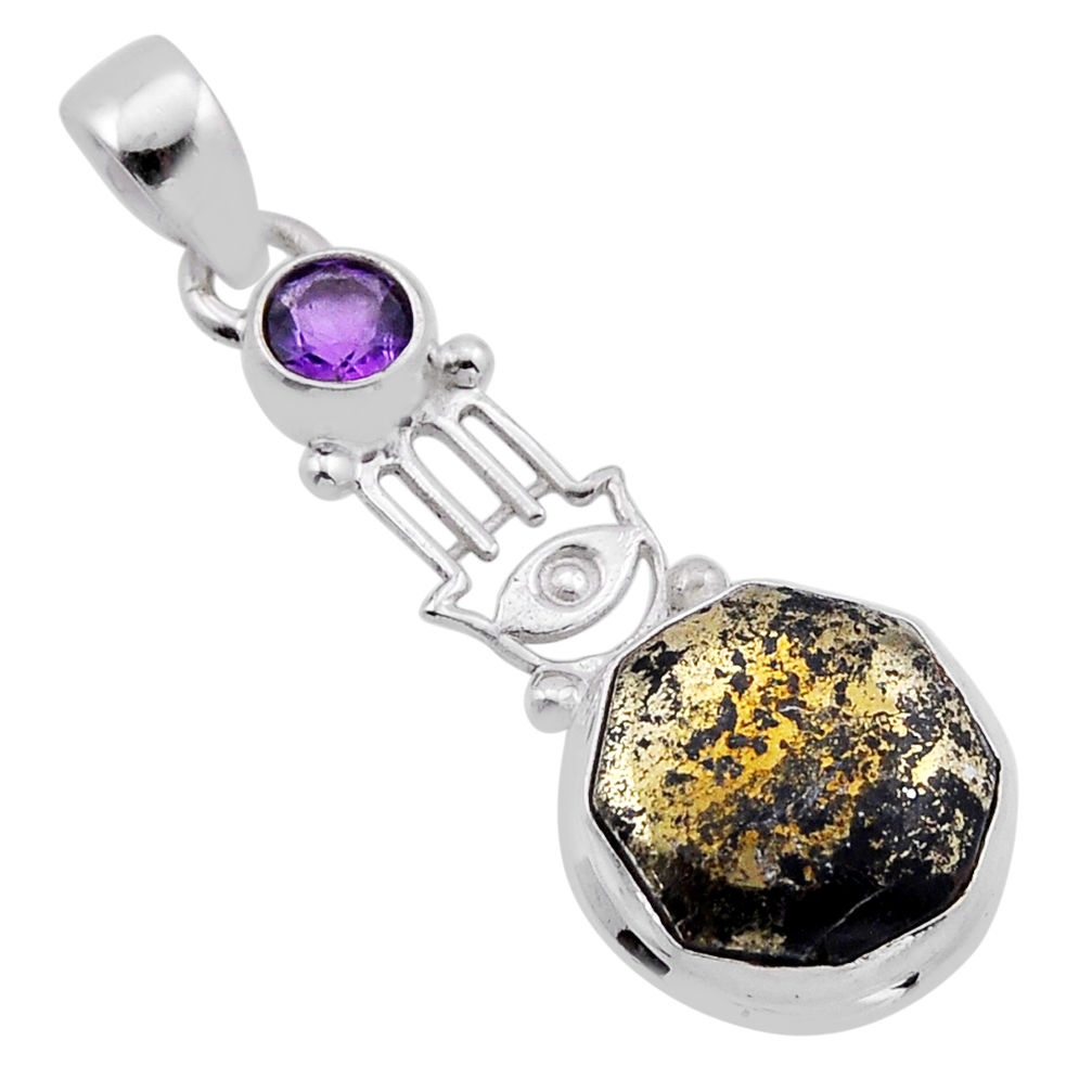 6.88cts pyrite in magnetite amethyst 925 silver hand of god hamsa pendant n51669