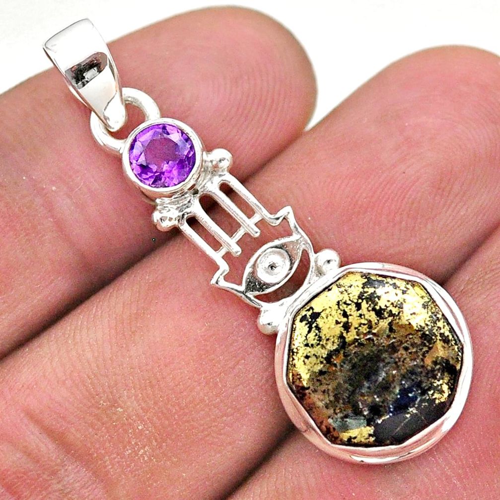 6.08cts pyrite in magnetite amethyst 925 silver hand of god hamsa pendant t46419