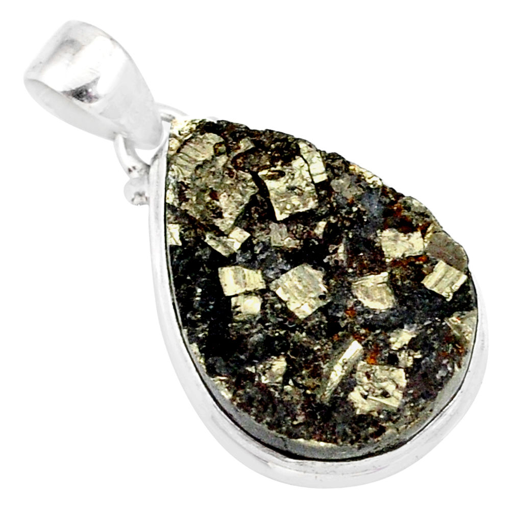 19.23cts pyrite on basalt matrix pear 925 silver handmade pendant r85688