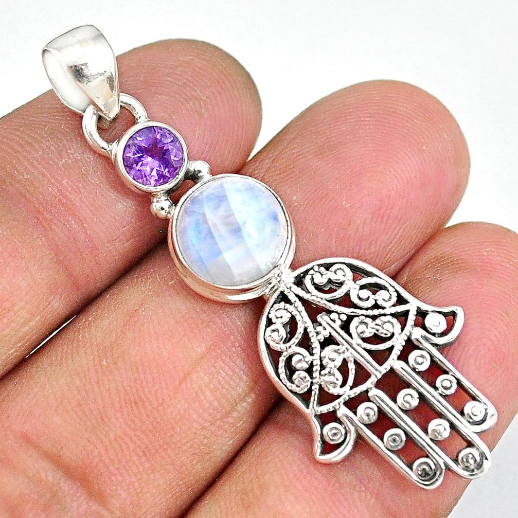 5.08cts rainbow moonstone 925 silver hand of god hamsa pendant r90376