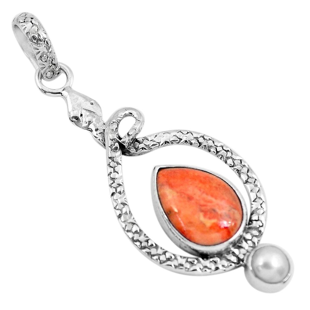 6.84cts red copper turquoise pearl 925 sterling silver snake pendant p49189