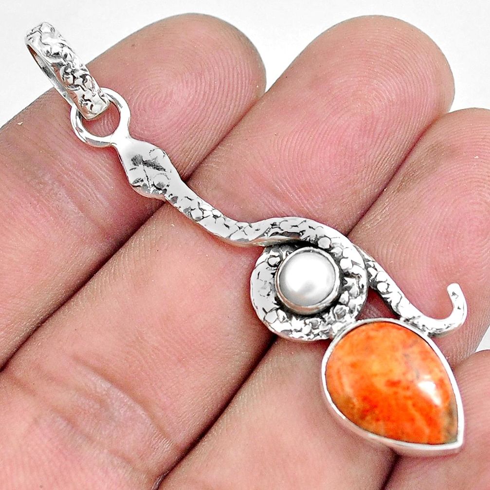 6.36cts red copper turquoise pearl 925 sterling silver snake pendant p49230