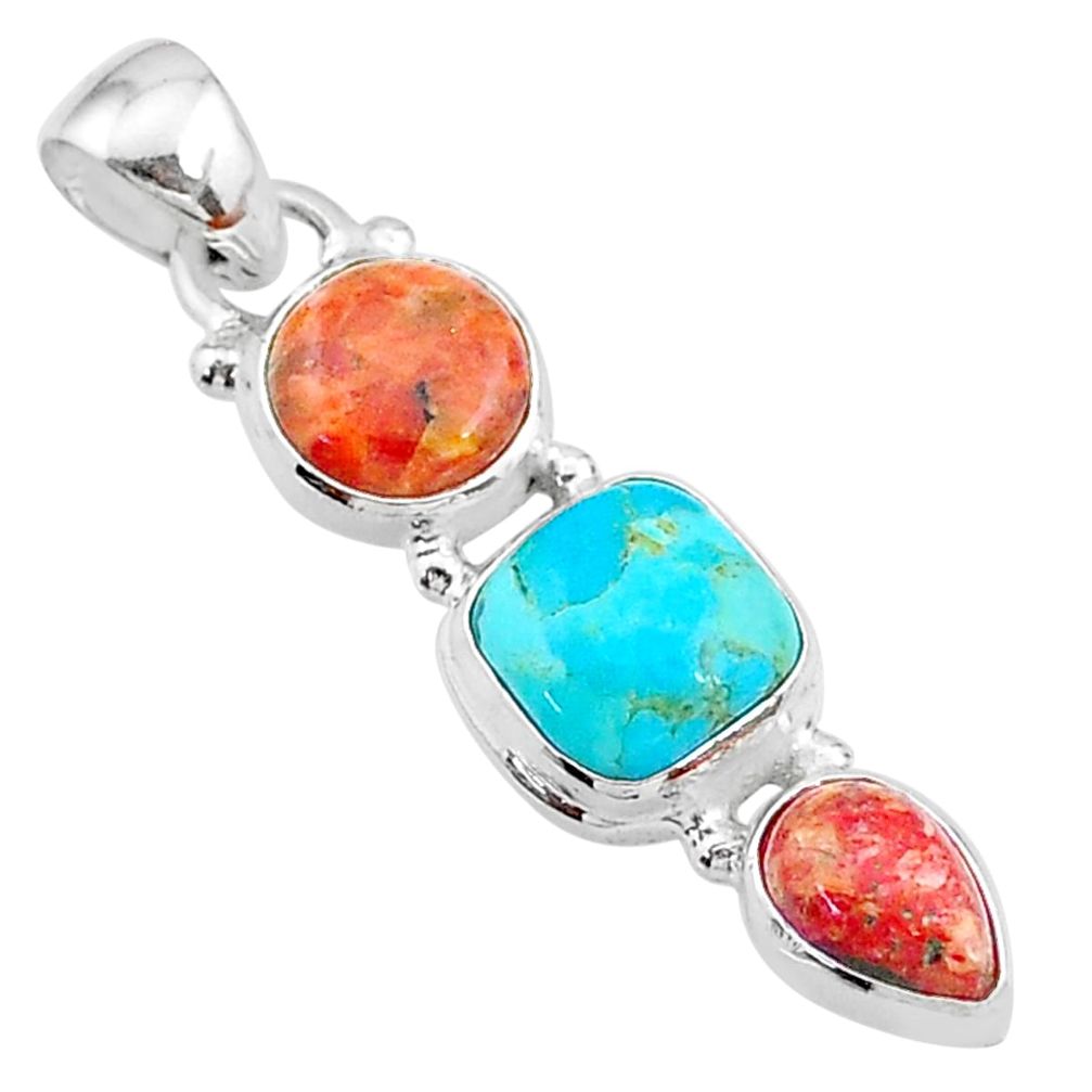 7.96cts red coral arizona mohave turquoise 925 sterling silver pendant t18735