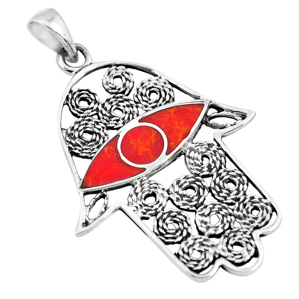 4.02gms red coral enamel 925 silver hand of god hamsa pendant a90803 c13728