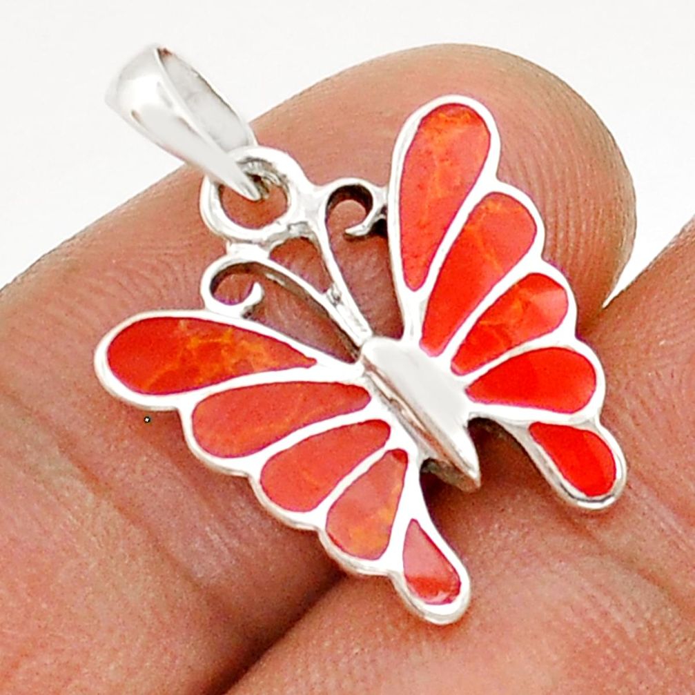 1.14cts red coral enamel 925 sterling silver butterfly pendant jewelry c30050