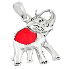 LAB 3.02gms red coral enamel 925 sterling silver elephant pendant a88358 c13746