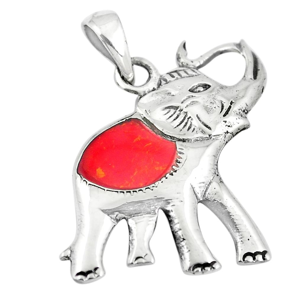 3.02gms red coral enamel 925 sterling silver elephant pendant a88389 c13775