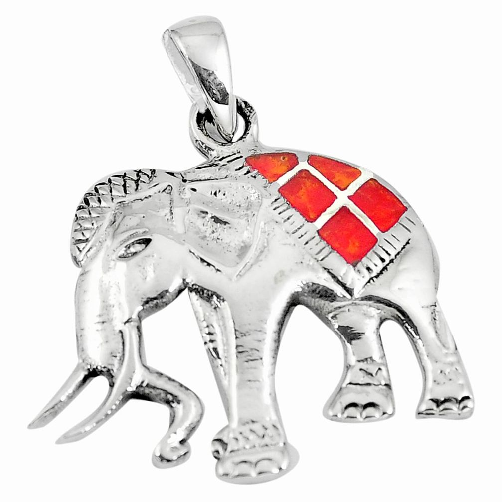 3.48gms red coral enamel 925 sterling silver elephant pendant a90806 c13763