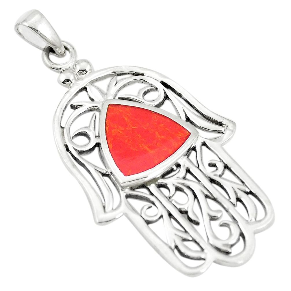 Red coral enamel 925 sterling silver hand of god hamsa pendant a79728 c13835