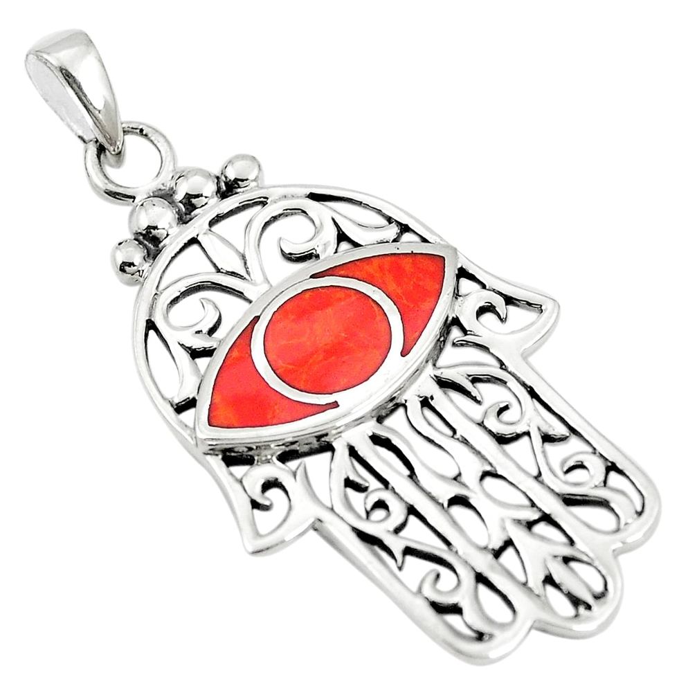 Red coral enamel 925 sterling silver hand of god hamsa pendant a79729 c13723