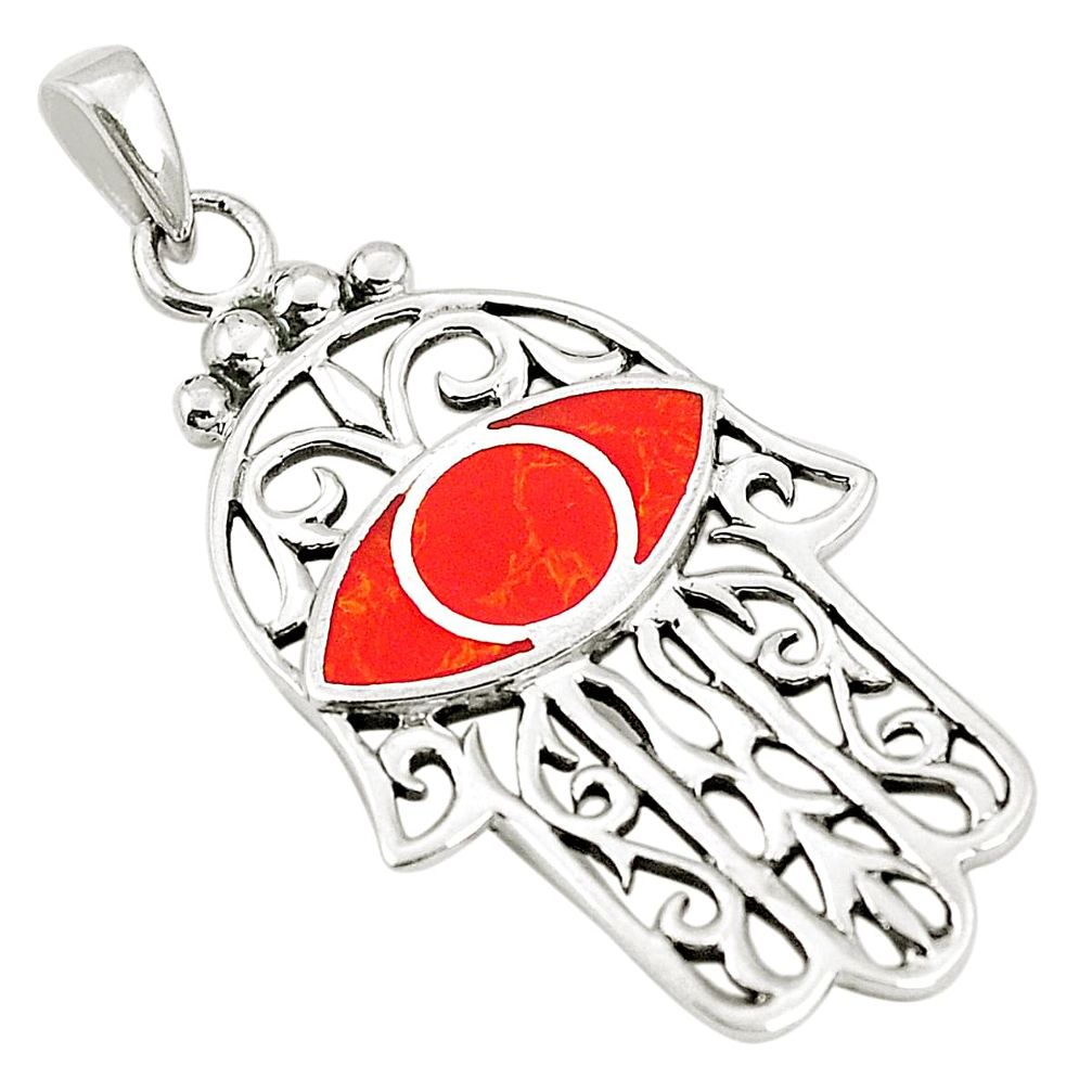 Red coral enamel 925 sterling silver hand of god hamsa pendant a79789 c13732