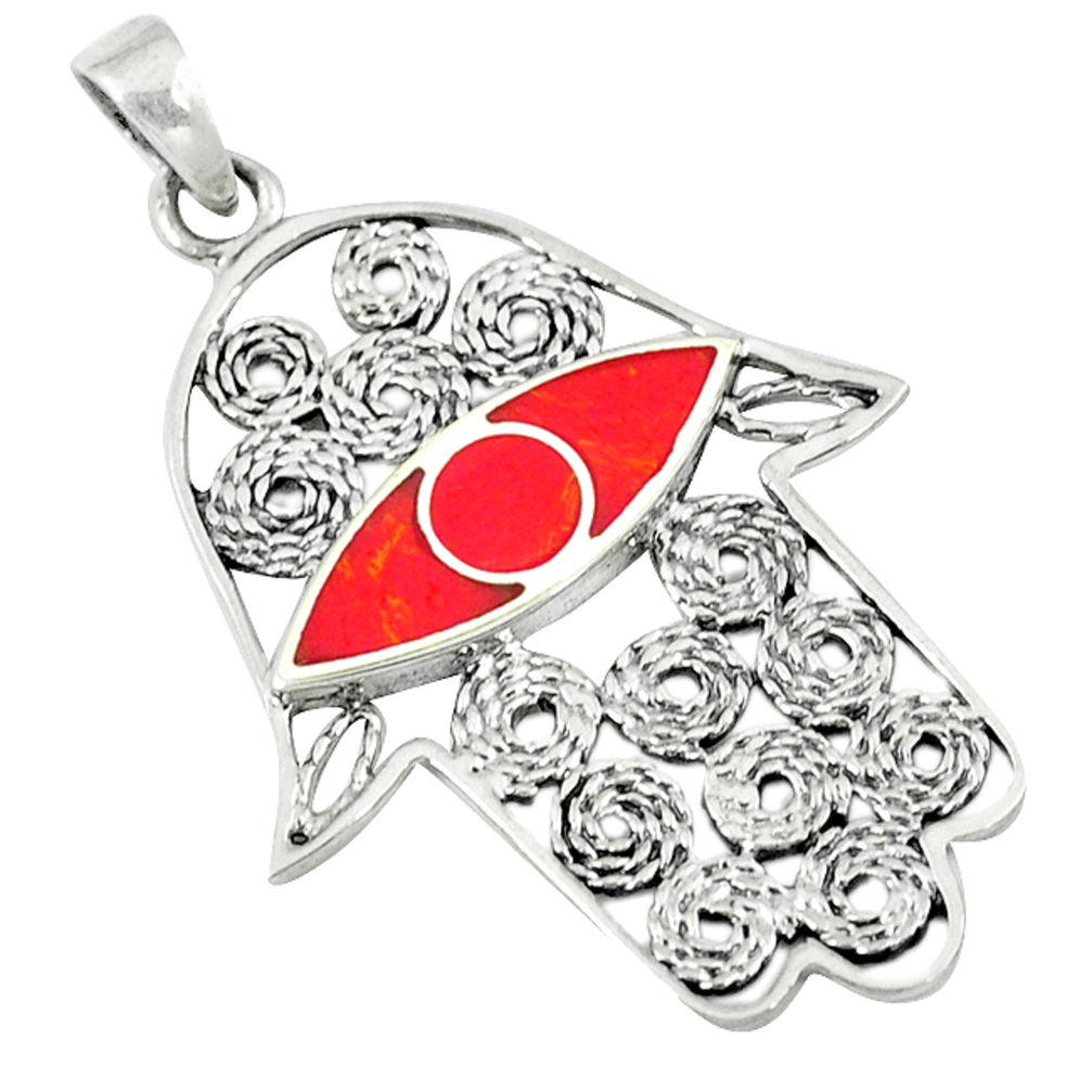 LAB 4.87gms red coral enamel 925 sterling silver hand of god hamsa pendant c12504