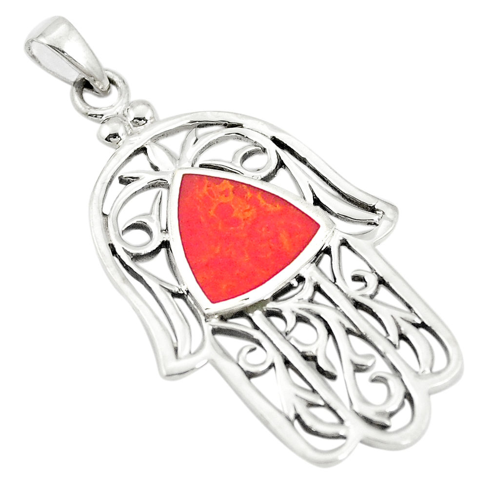 LAB Red coral enamel 925 sterling silver hand of god hamsa pendant c12530