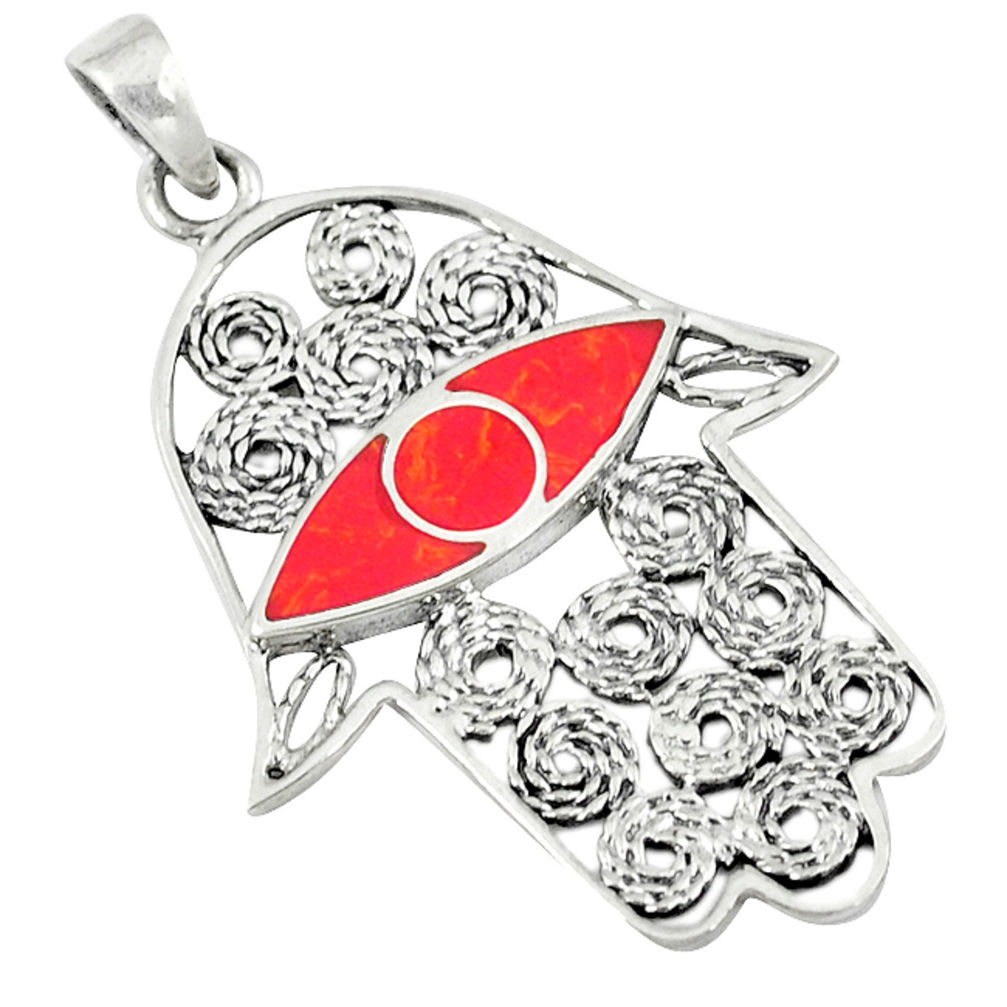 LAB 4.47gms red coral enamel 925 sterling silver hand of god hamsa pendant c12532