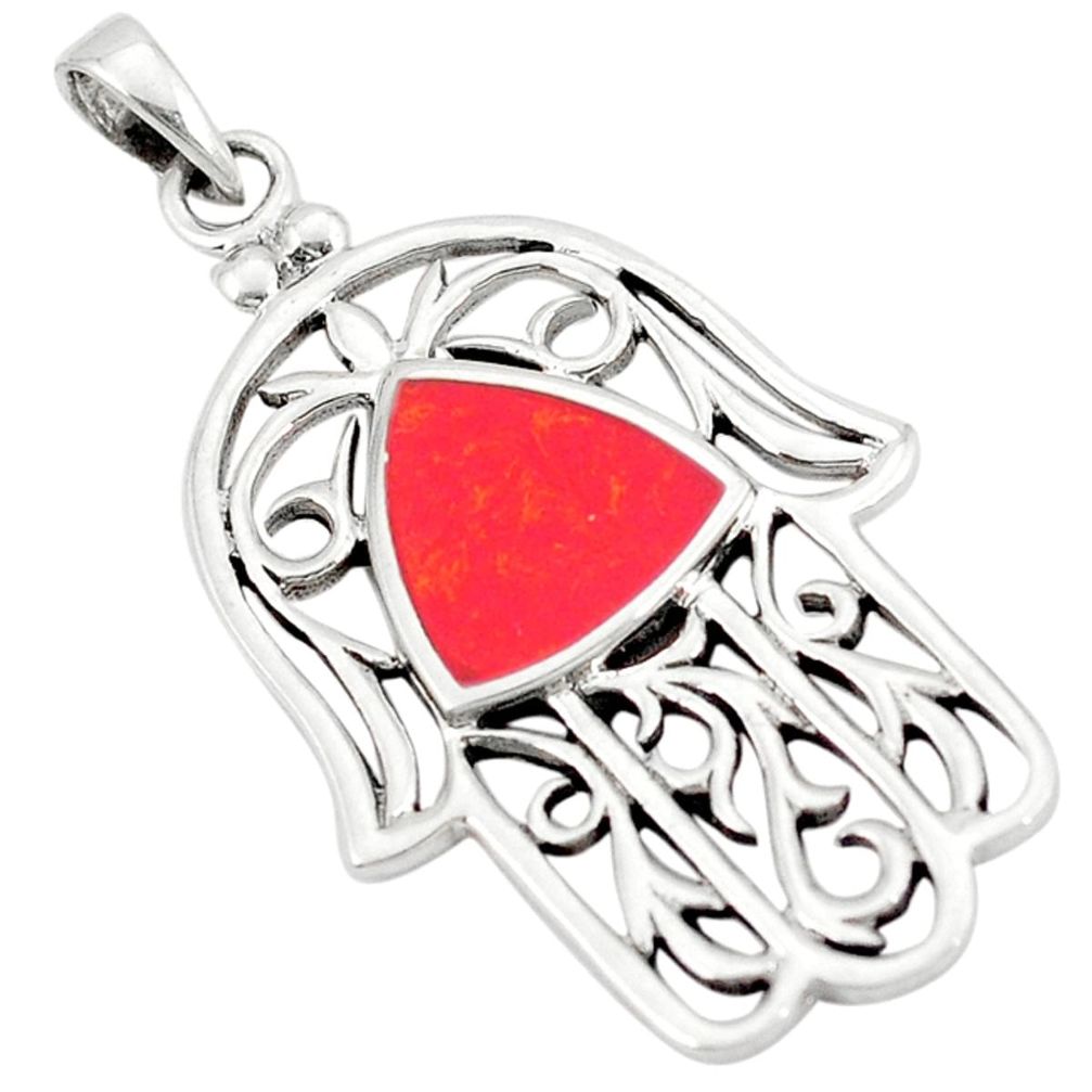 Red coral enamel 925 sterling silver hand of god hamsa pendant c12534