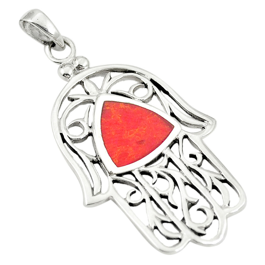 Red coral enamel 925 sterling silver hand of god hamsa pendant c12537