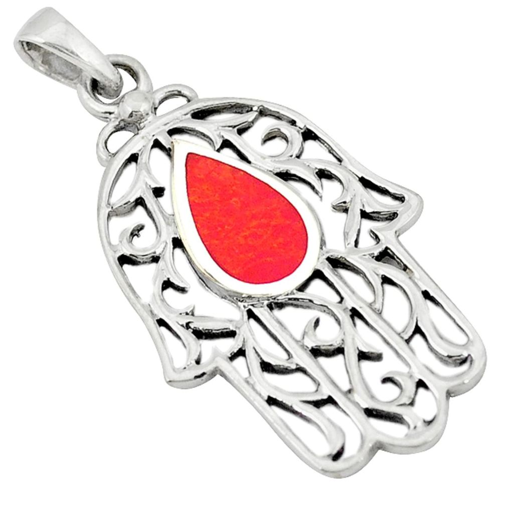 Red coral enamel 925 sterling silver hand of god hamsa pendant c12538