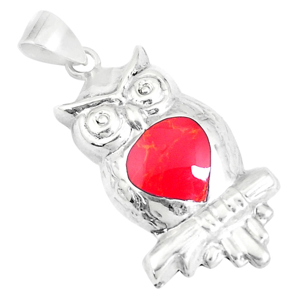 2.69gms red coral enamel 925 sterling silver owl pendant jewelry a93256 c14503