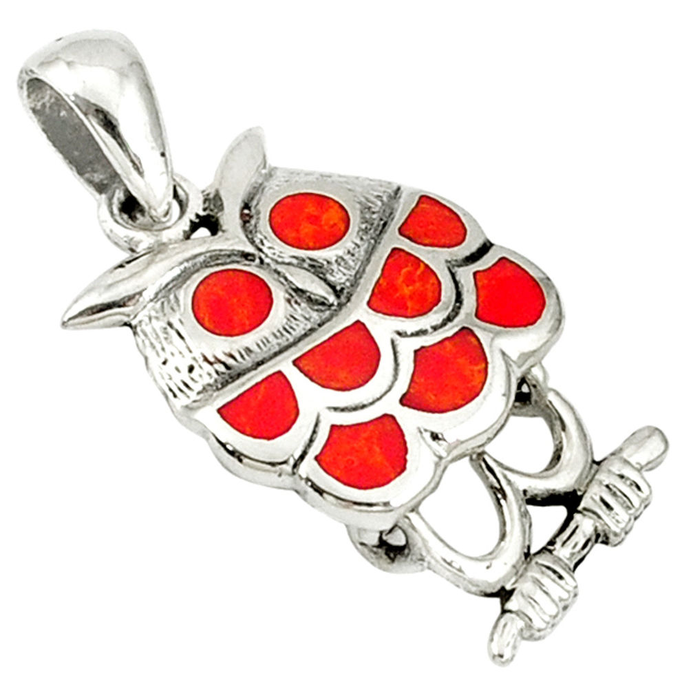 LAB Red coral enamel 925 sterling silver owl pendant jewelry c12564