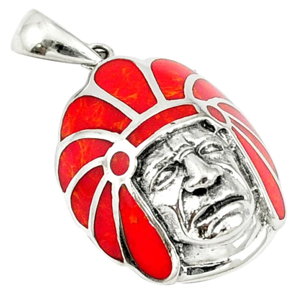 Red coral enamel 925 sterling silver pendant jewelry c12559