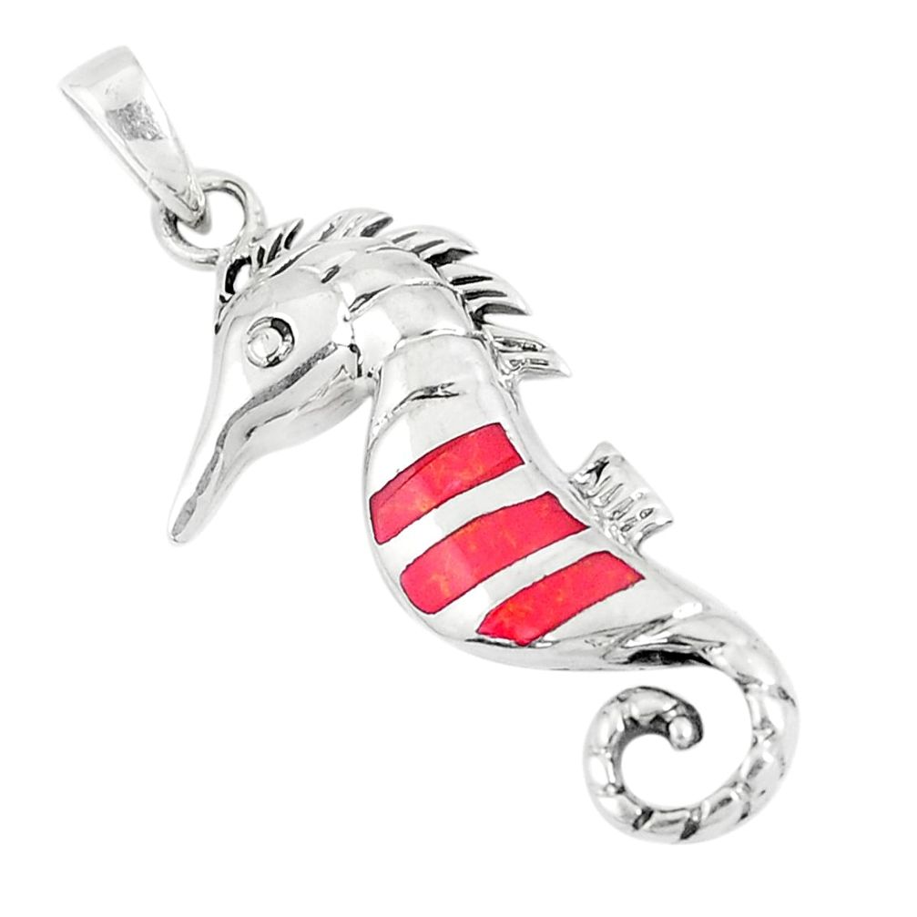 3.89gms red coral enamel 925 sterling silver seahorse pendant a93290 c14880