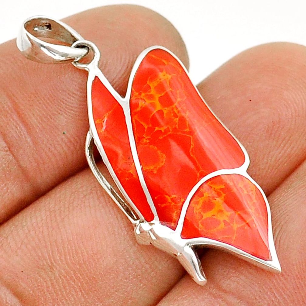 2.79cts red coral enamel fancy 925 sterling silver butterfly pendant c30037