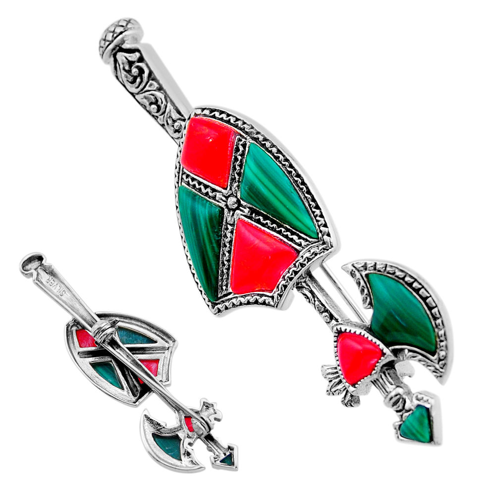 6.92cts red coral malachite (pilot's stone) 925 silver brooch pendant n53433