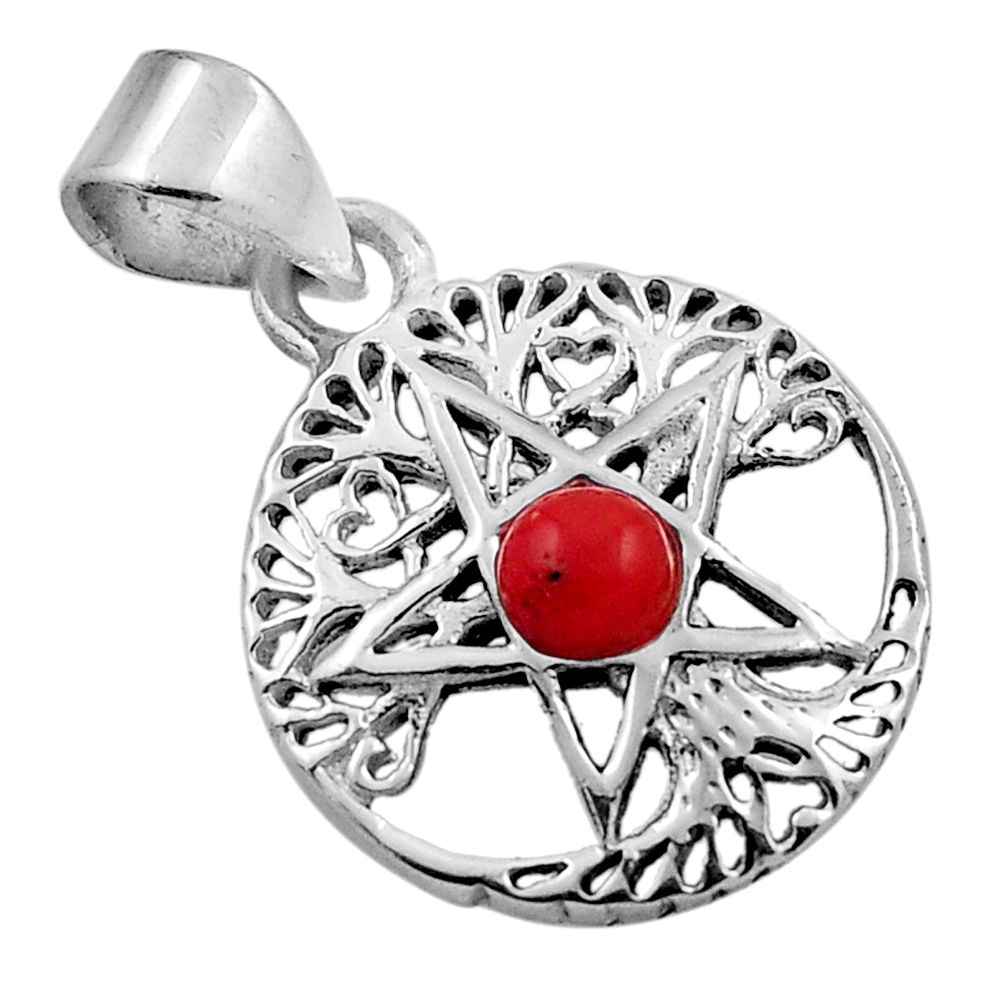 0.51cts red coral round 925 sterling silver wicca symbol pendant jewelry n25329