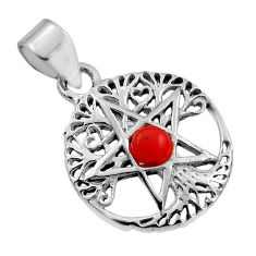 0.52cts red coral round 925 sterling silver wicca symbol pendant jewelry n25330