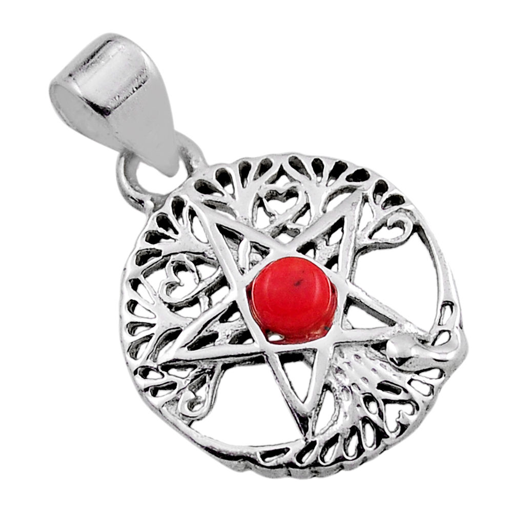 0.52cts red coral round 925 sterling silver wicca symbol pendant jewelry n25339